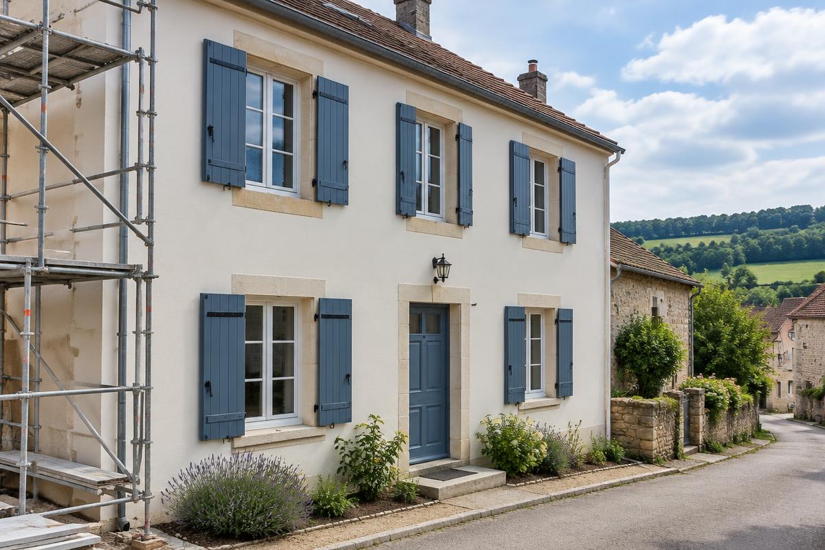 Illustration d’inspiration : façade de maison rénovée avec volets peints