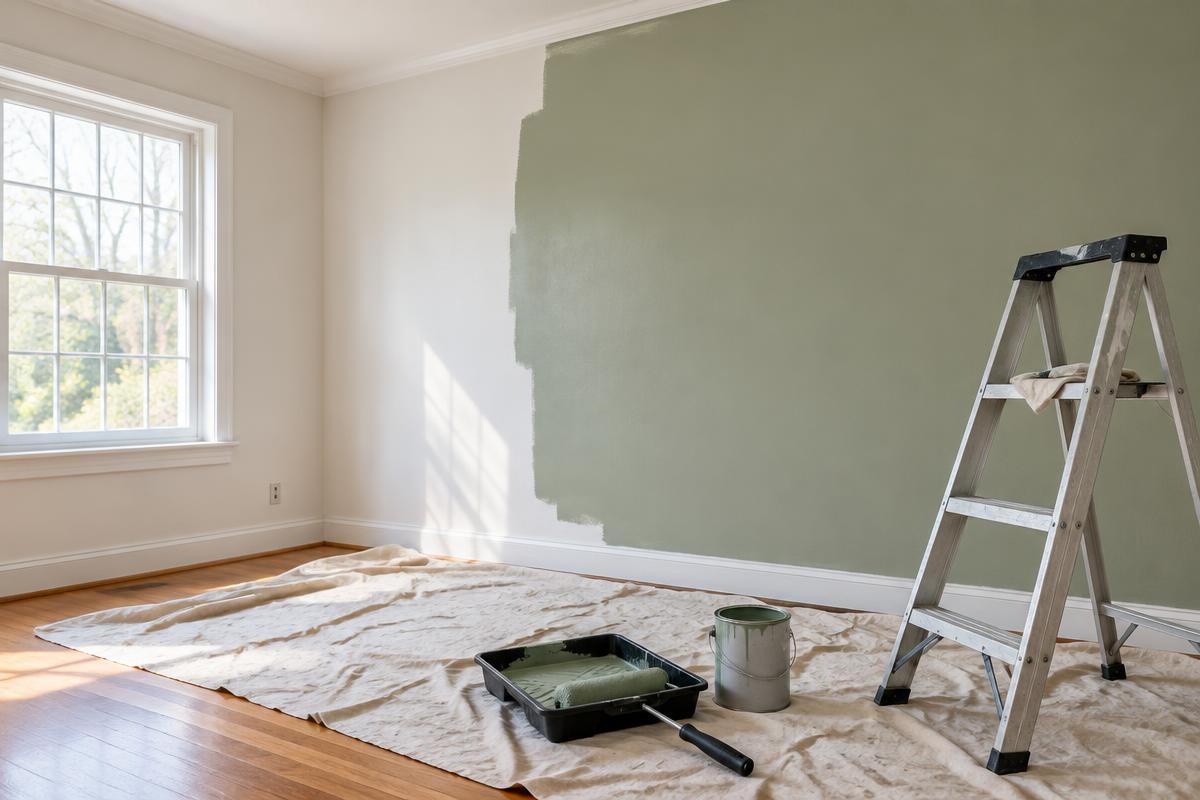 Illustration d’inspiration : mur intérieur en cours de peinture vert sauge