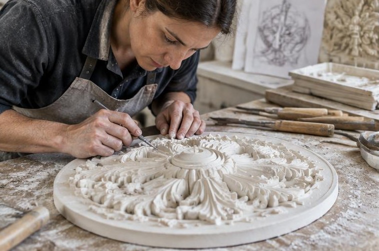 Illustration originale : modelage d’une rosace décorative en staff