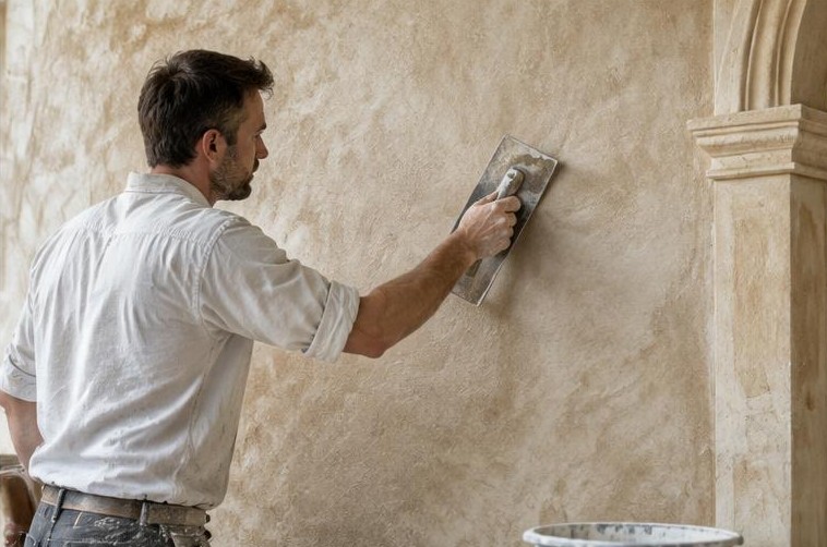 Illustration originale : lissage d’un enduit décoratif au platoir