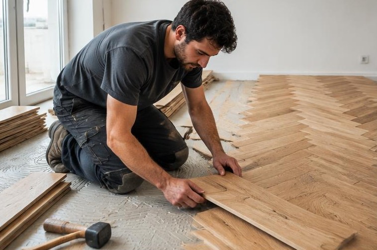 Illustration originale : pose de lames de parquet en bois à chevrons