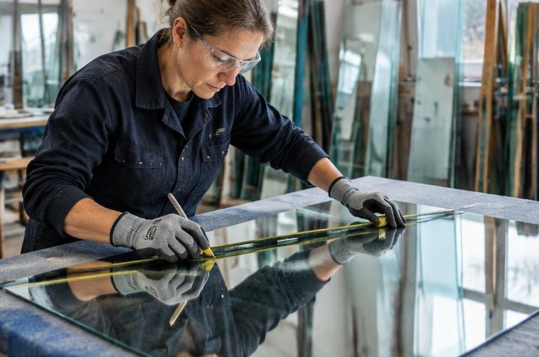 Illustration originale : mesure d’un panneau de miroir sur une table protégée