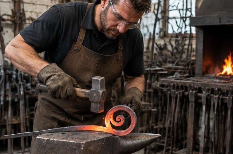 Illustration originale : façonnage à la forge d’une volute métallique