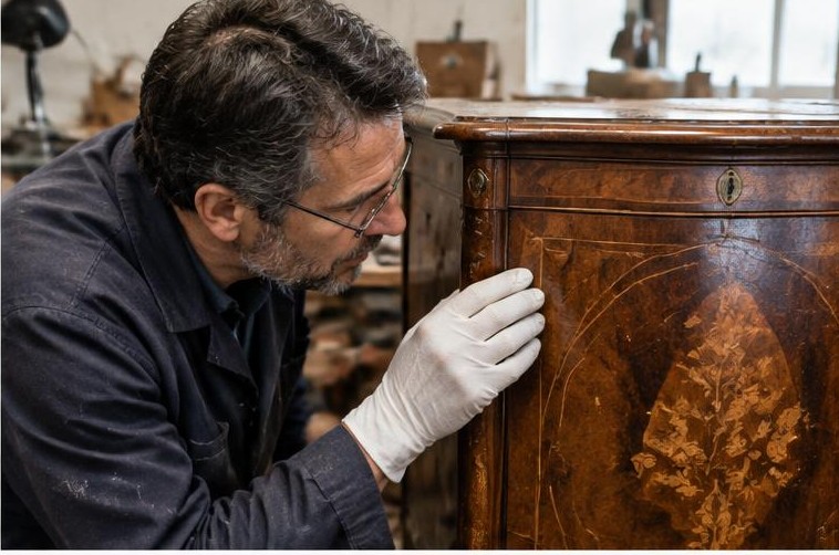 Illustration originale : examen du placage d’un meuble ancien