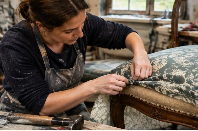 Illustration originale : fixation d’un tissu sur l’assise d’une chaise Illustration originale : fixation d’un tissu sur l’assise d’une chaise