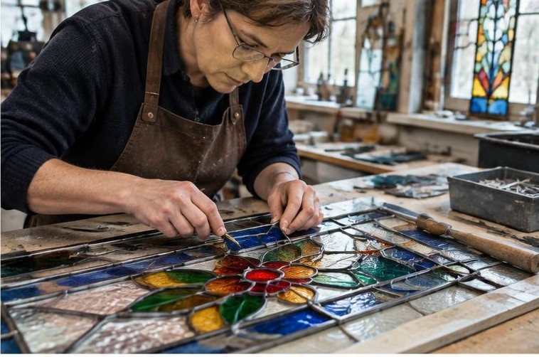 Illustration originale : assemblage de pièces de verre coloré pour un vitrail