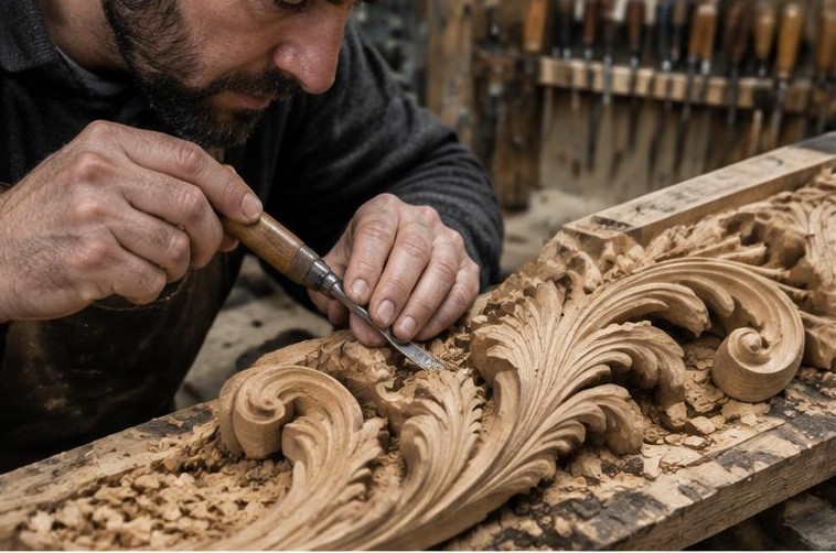 Illustration originale : sculpture d’un décor végétal dans le bois