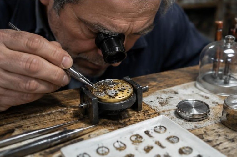 Illustration originale : examen d’un mécanisme de montre à la loupe