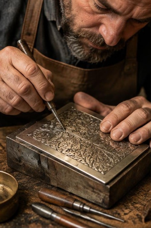 Illustration originale : gravure au burin d’un motif sur une plaque métallique