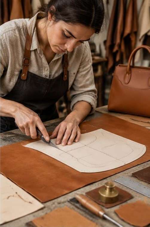 Illustration originale : découpe du cuir à partir d’un patron de maroquinerie