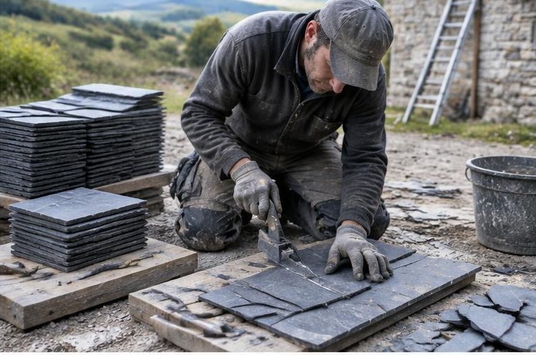 Illustration originale : découpe d’ardoises sur un poste de travail au sol