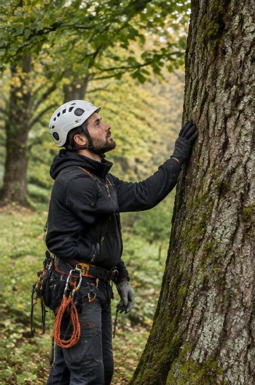 Illustration originale : inspection d’un arbre au sol avec équipement d’élagage